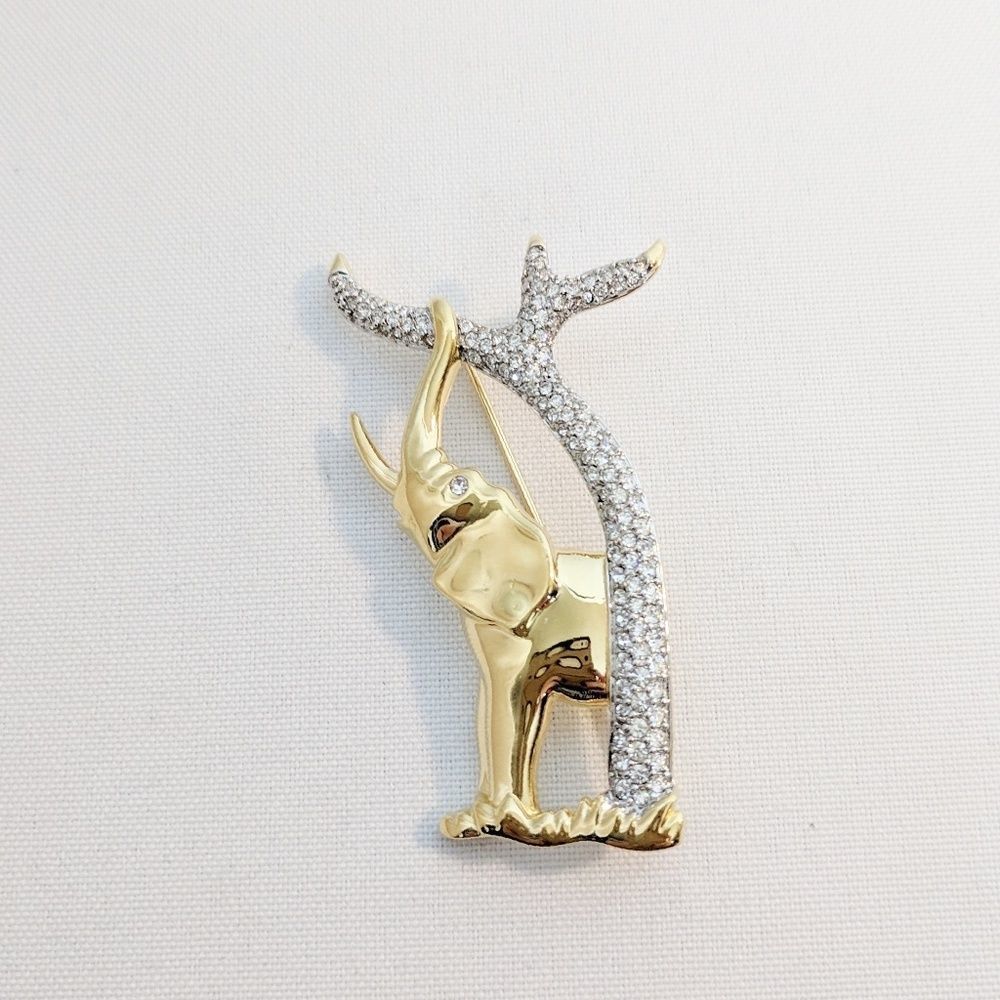 Swarovski Elephant Gold Trunk Raised Brooch